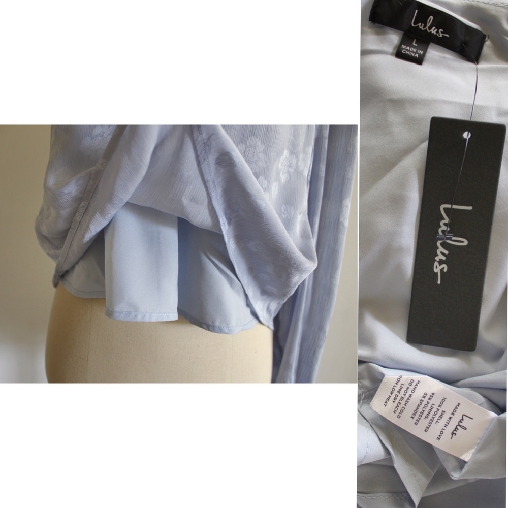 Lulus NWT Stay Lovely Dusty Blue Floral Jacquard Satin One-Shoulder Top Large - Picture 9 of 10